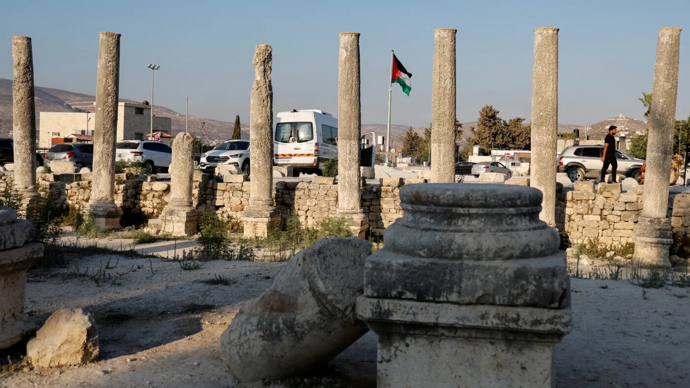 A general view of ancient columns, in Sebastia, as Palestinian residents fear losing access to the archaeological site after Israel announced it is allocating 32 million Shekels to develop the site, near Nablus in the occupied West Bank, 26 August 2023 (Reuters/Raneen Sawafta)