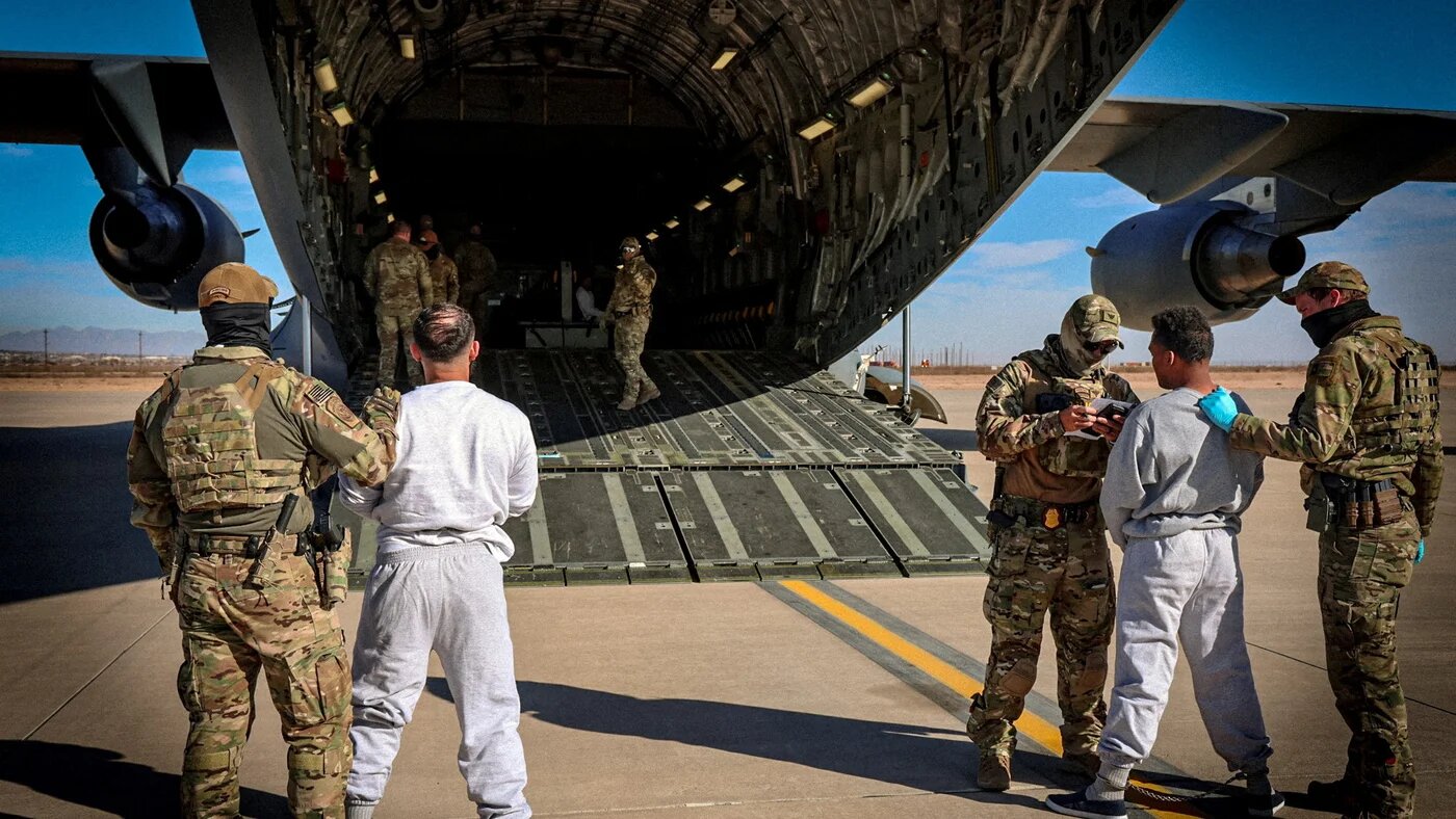 The first US military aircraft carrying detained migrants deemed "highly dangerous criminal aliens" by the Department of Homeland Security departs for a detention facility at Guantanamo Bay on 4 February 2025 (DHS/Handout via Reuters)