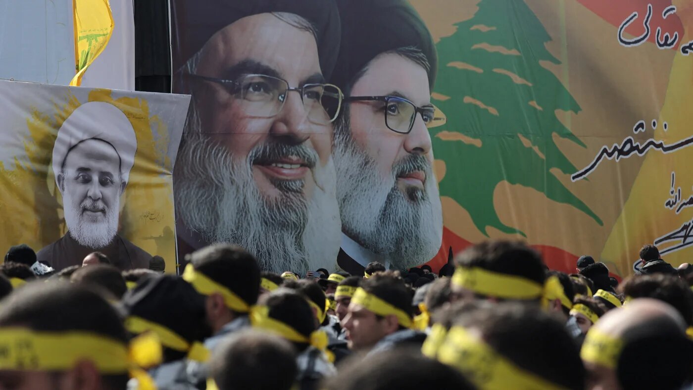 People gather for the public funeral of former Hezbollah leaders Hassan Nasrallah and Hashem Safieddine, who were killed in Israeli air strikes last year, in Beirut, Lebanon, on 23 February 2025 (Reuters/Mohamed Abd El Ghany)