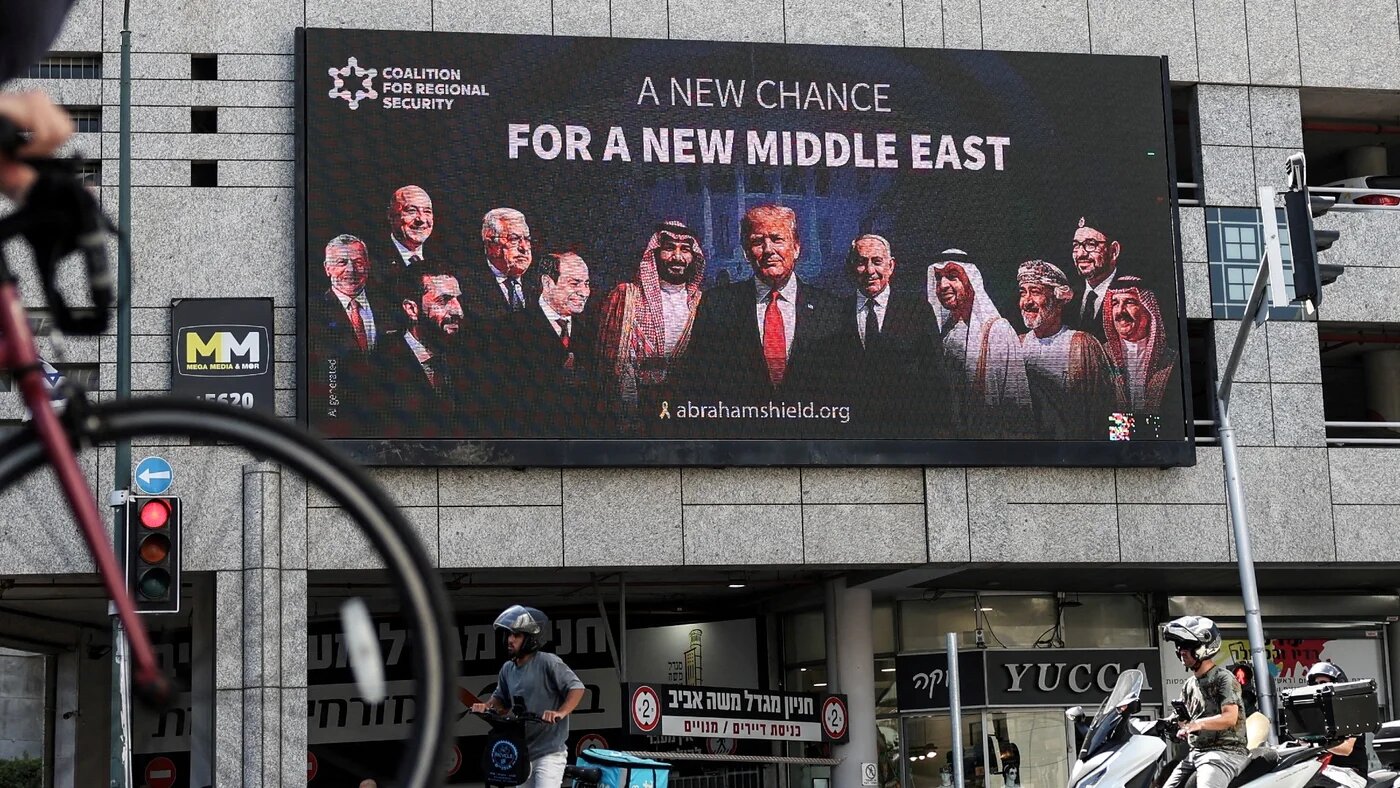 A billboard in Ramat Gan, Israel, sponsored by the Coalition for Regional Security, calls for expanding the Abraham Accords, 26 June 2025 (Reuters/Violeta Santos Moura)