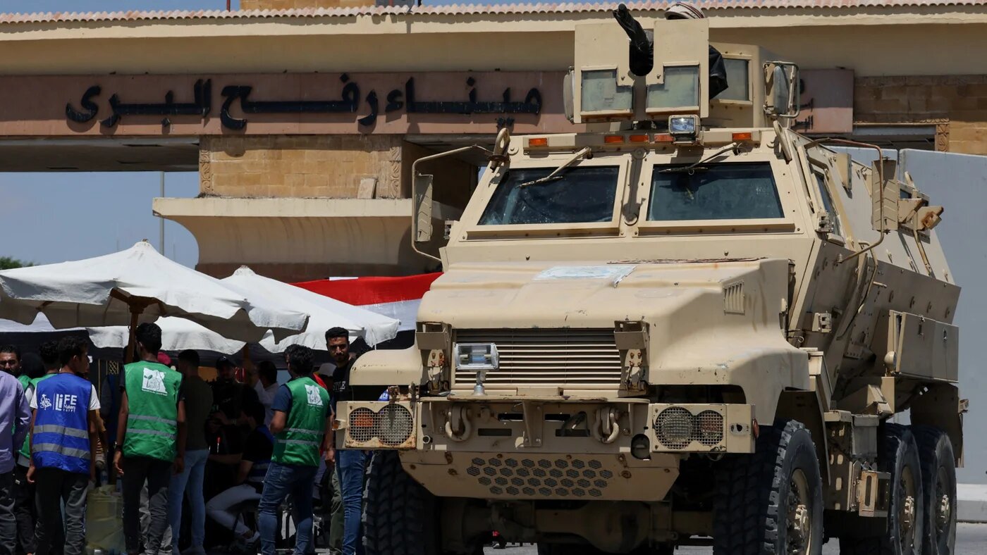 An Egyptian military vehicle stands near the Rafah border crossing between Egypt and the Gaza Strip on 6 August 2025 (Reuters/Amr Abdallah Dalsh)