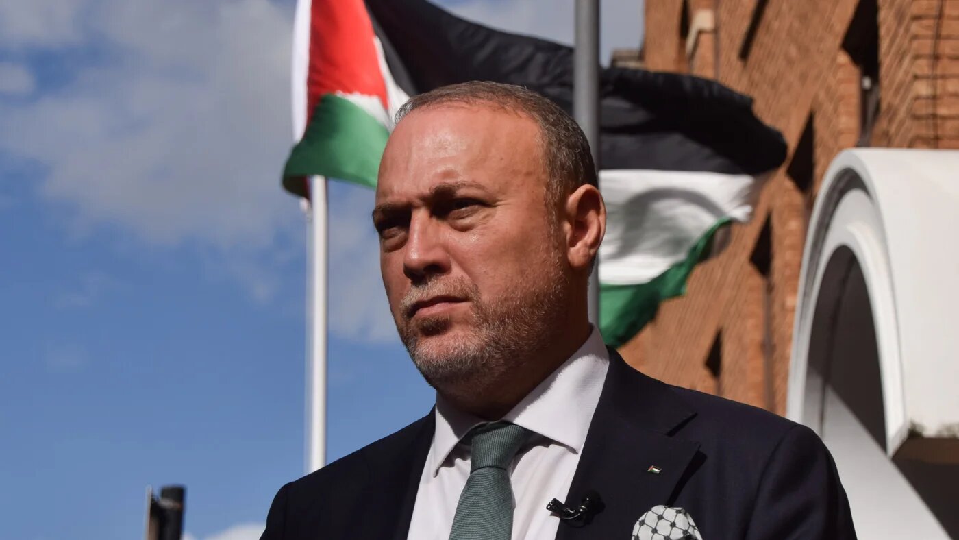 Palestinian ambassador Husam Zomlot speaks to the media outside the Embassy of Palestine, formerly the Palestinian Mission to the UK as Britain formally recognises Palestine as an independent state, in London, on 22 September 2025 (Vuk Valcic/ZUMA Press Wire)