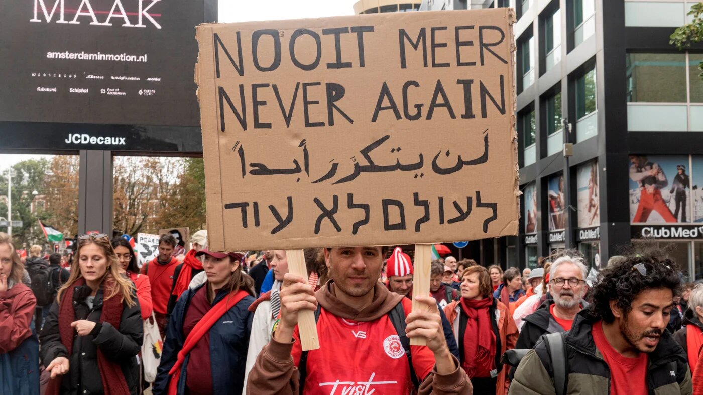 Protesters march in a 'red line' demonstration, demanding the Dutch government take a stronger stance against Israel's actions in Gaza, in Amsterdam, the Netherlands, on 5 October 2025 (Richard Wareham/Reuters)