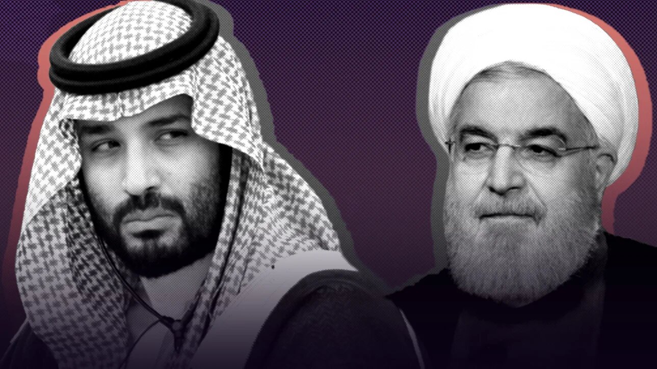 Portraits du prince héritier saoudien Mohammed ben Salmane et du président iranien Hassan Rohani (illustration de Hossam Sarhan pour MEE)