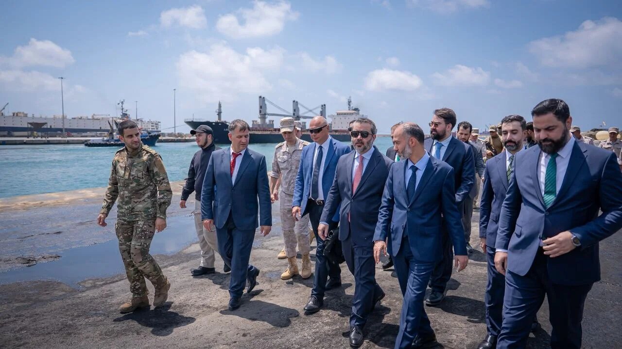 Syrian Foreign Minister Asaad Hassan al-Shaibani and his delegation tour Latakia International Airport and the port of Tartus, 9 August 2026 (Syrian Foreign Ministry/Telegram)