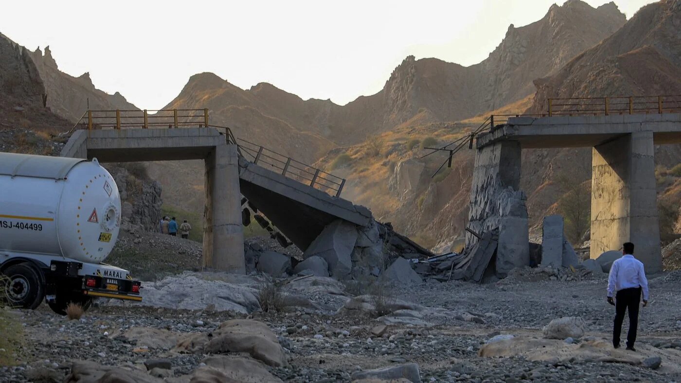 A bridge damaged in a US strike on the road linking Rudan and Bandar Abbas in southern Iran on 18 July 2026 (Amir Hossein Khorgooei/Isna/AFP)