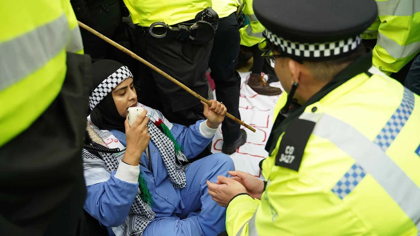 A pro-Palestine protestor surrounded by police, November 2023, London (MEE/Katherine hearst)