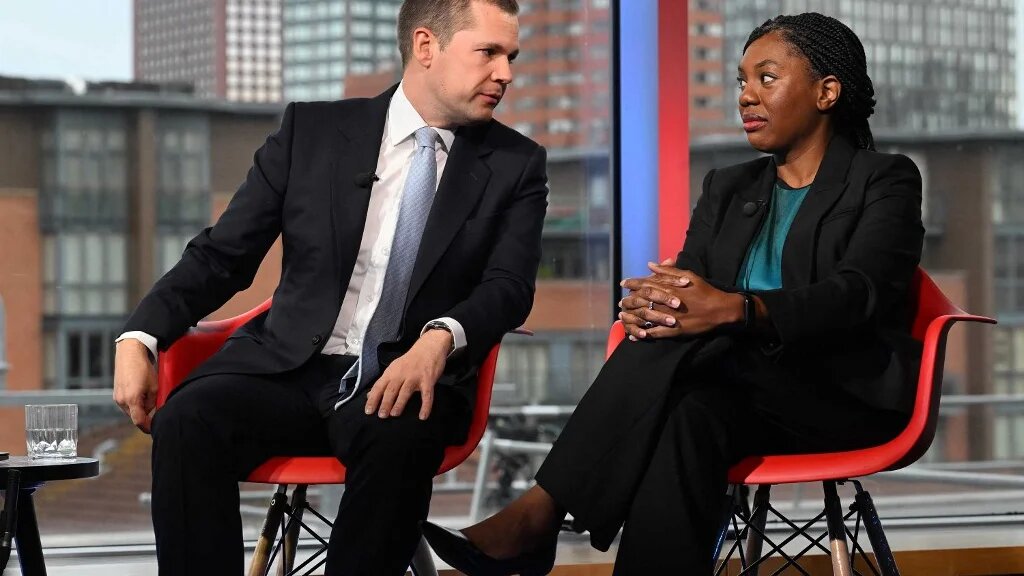 Robert Jenrick and Kemi Badenoch appearing on the BBC programme Sunday with Laura Kuenssberg (AFP/Jeff Overs)
