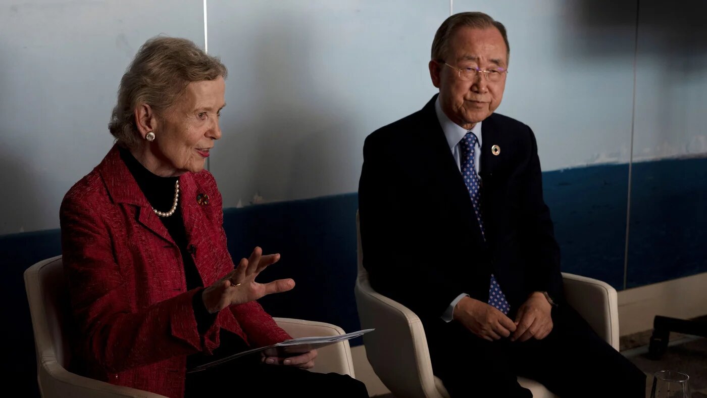 Chair of the Elders Mary Robinson, the first woman President of Ireland, left, and Ban Ki-moon, former UN Secretary-General, right, Deputy Chair of the Elders, speak during an interview in Tel Aviv, Israel, Thursday, June 22, 2023 (AP)