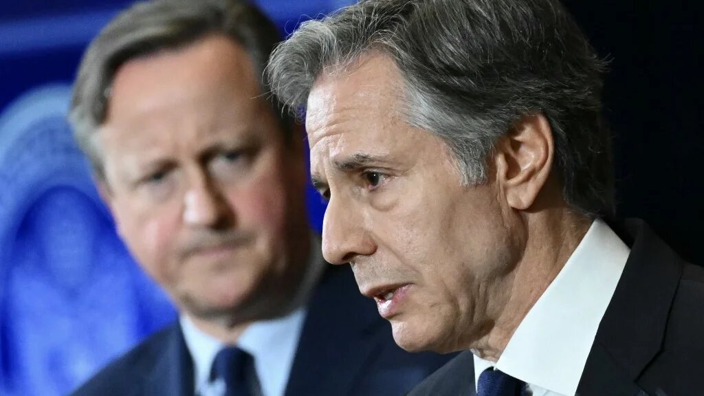 US Secretary of State Antony Blinken and British Foreign Secretary David Cameron hold a joint press conference at the State Department in Washington, DC, on 9 April 2024 (Mandel Ngan/AFP)