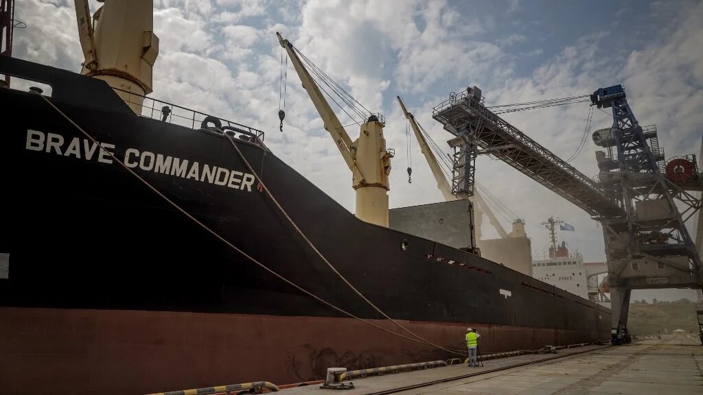 August 14, 2022, the first UN-chartered vessel MV Brave Commander loads more than 23,000 tonnes of grain to export to Ethiopia, in Yuzhne, east of Odessa on the Black Sea coast