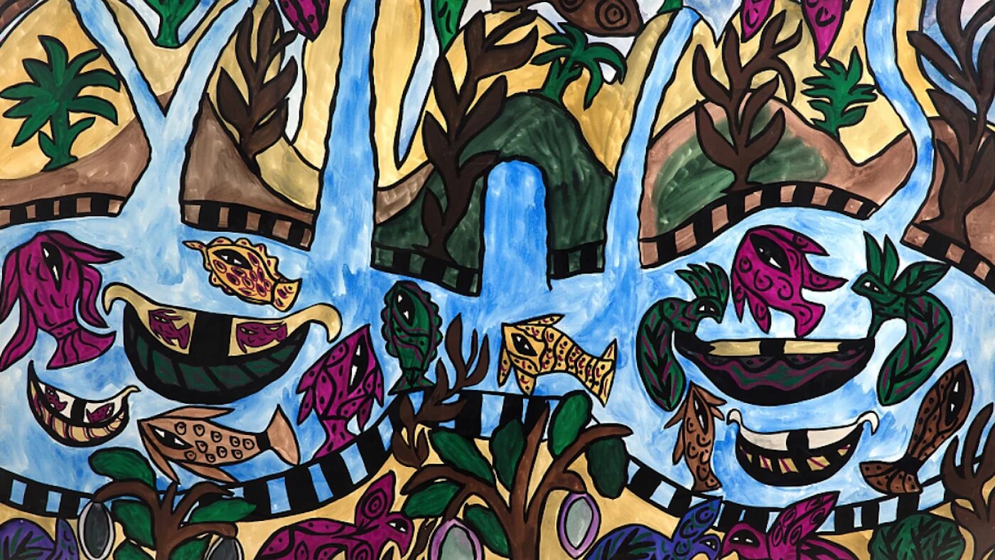 Baya, Paysage (Jardin d’Éden), 1966. Gouache sur papier, 100 x 150 cm (collection particulière)