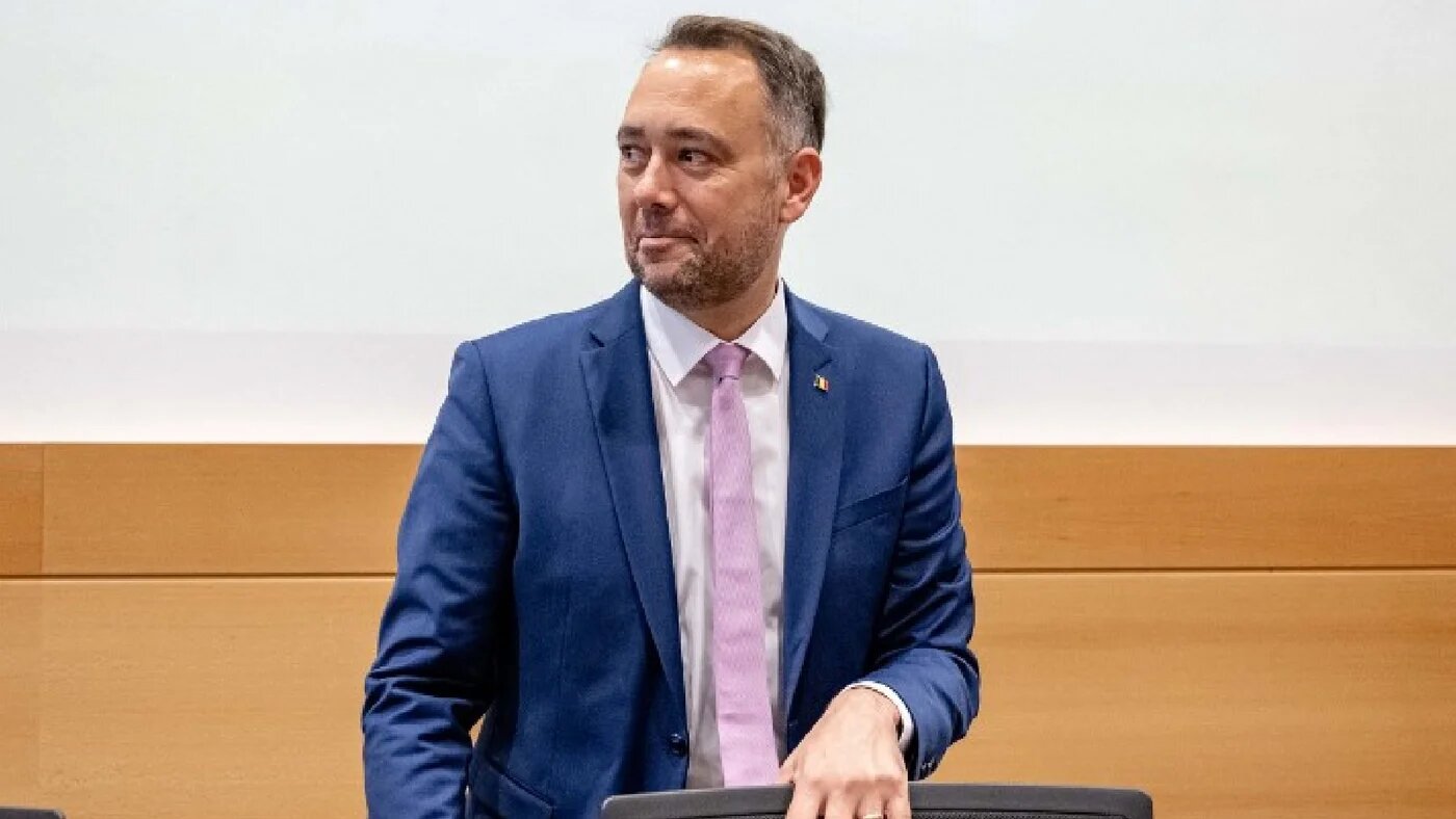 Vice-prime minister and Minister of Foreign Affairs Maxime Prevot arrives to attend a session of the chamber commission of External Relations, at the federal parliament, in Brussels, on August 14, 2025 (AFP)