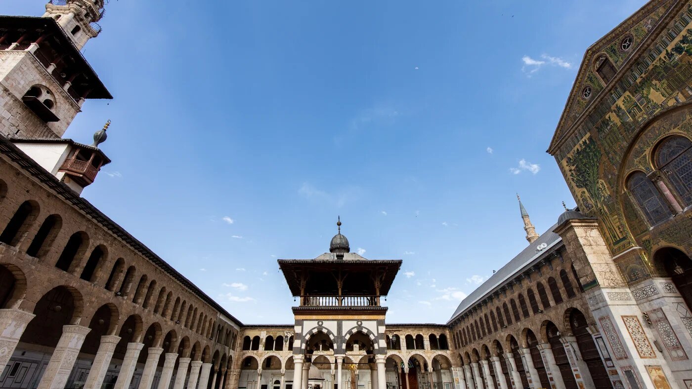 The courtyard of the mosque is photographed, with the mosaics and decorations designed to resemble paradise in Islam (Zirrar/MEE)