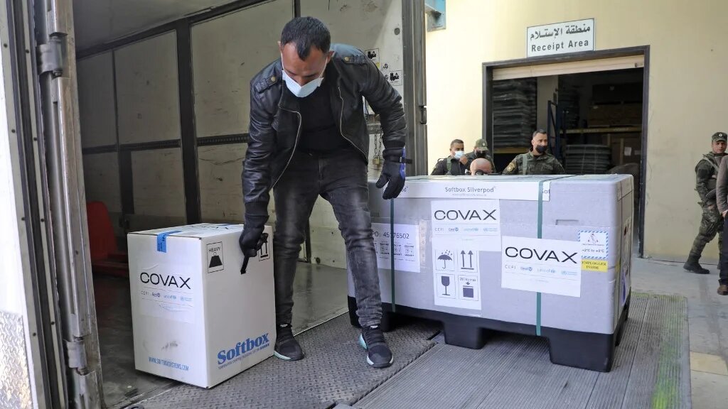 The first Covax delivery to a Palestinian Authority storage facility in the West Bank city of Nablus 