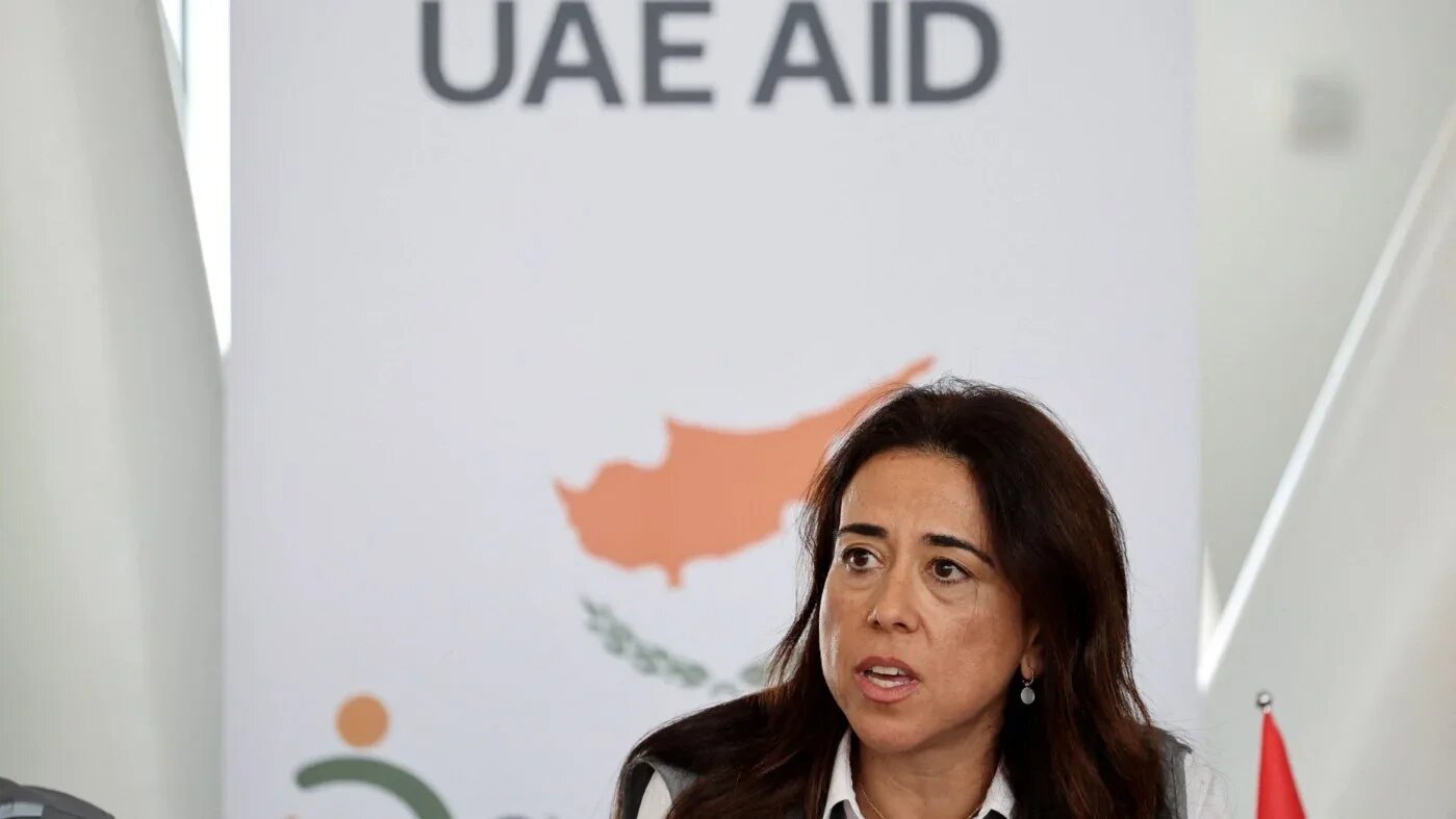 UAE's Minister of State Lana Nusseibeh speaks to the media at Limassol port, Cyprus, where aid is accumulating for the people of Gaza, 7 November 2025 (Yiannis Kourtoglou/Reuters)