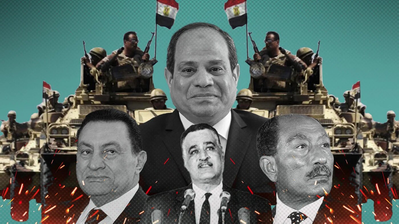 Portrait des présidents-officiers égyptiens (de gauche à droite) : Hosni Moubarak, Gamal Abdel-Nasser, Anouar el-Sadate et Abdel Fattah al-Sissi (MEE)