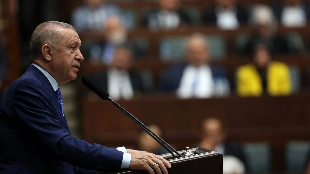 Turkey's President and leader of the Justice and Development (AK) Party Recep Tayyip Erdogan delivers a speech during his party’s group meeting at the Turkish Grand National Assembly (TGNA) in Ankara, on May 18, 2022. (AFP)