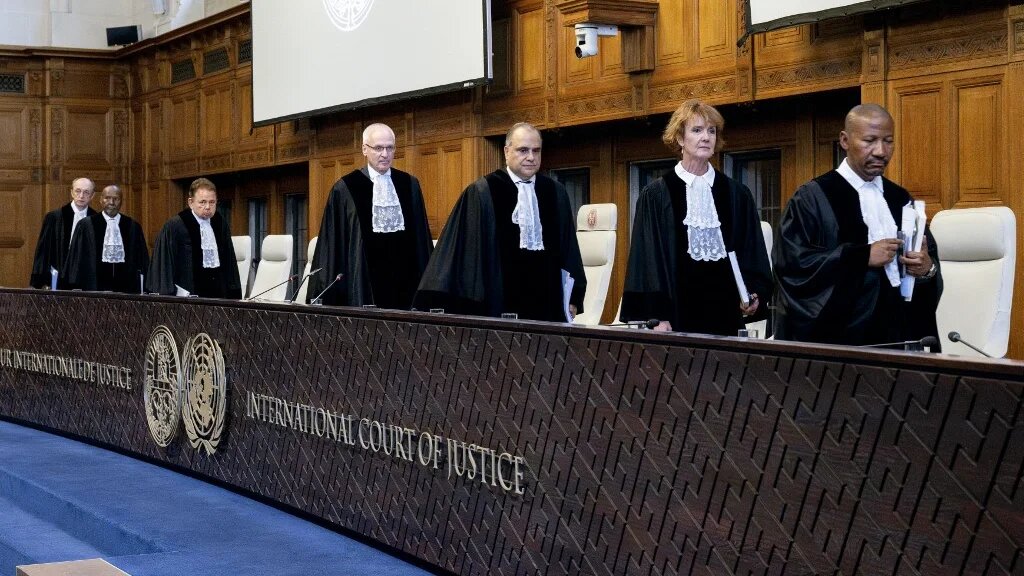 The judges leave after delivering a non-binding ruling on the legal consequences of the Israeli occupation of the West Bank and East Jerusalem at the International Court of Justice (ICJ) in The Hague on July 19, 2024.  (Nick Gammon / AFP)