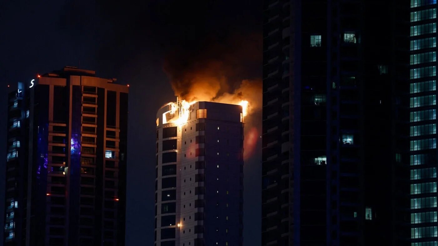 Smoke rises from a burning building hit by an Iranian drone strike in Seef district, Manama, Bahrain, on 28 February 2026 (Reuters/Hamad I Mohammed)