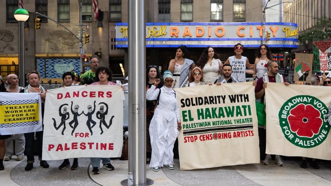 Members of Broadway Voices for Palestine and their allies hold a demonstration outside Radio City Music Hall, the site of the 79th annual Tony Awards, on 7 June 2026 (Jonathan Bloom/Supplied)