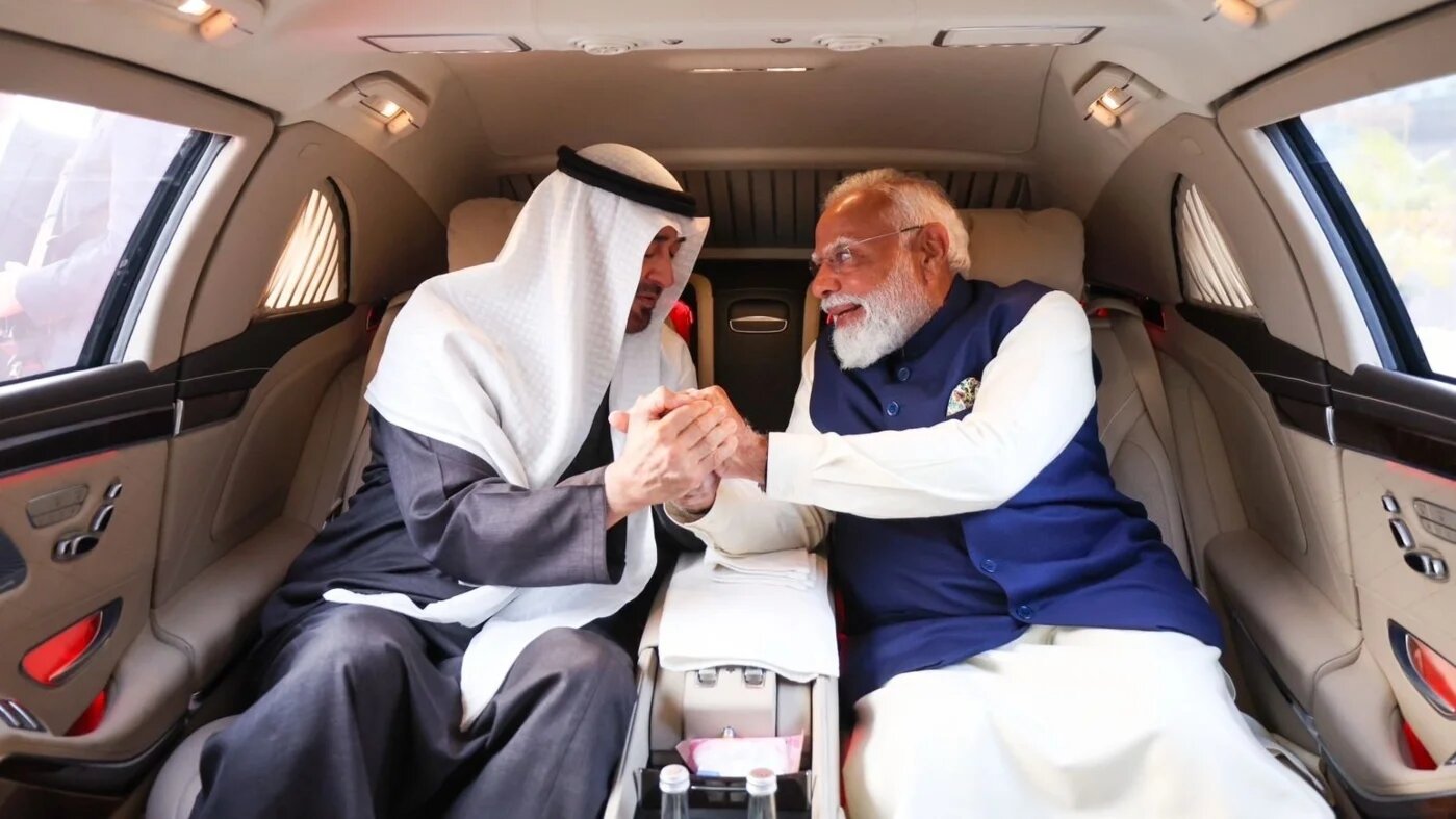 UAE President Sheikh Mohamed bin Zayed speaking with India's Prime Minister Narendra Modi after arriving in India on 19 January 2026 (social media)