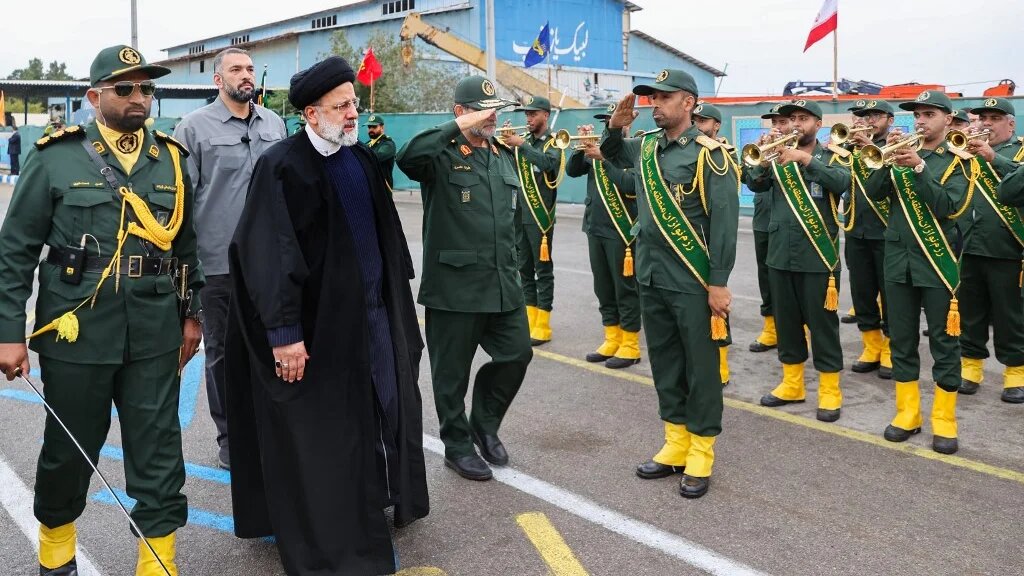 A handout picture made available by the Iranian presidential office on 2 February 2024 shows Iranian President Ebrahim Raisi visiting the Iranian revolutionary guards corps (IRGC) navy base in Bandar Abbas, southern Iran (Iranian Presidency/AFP) 