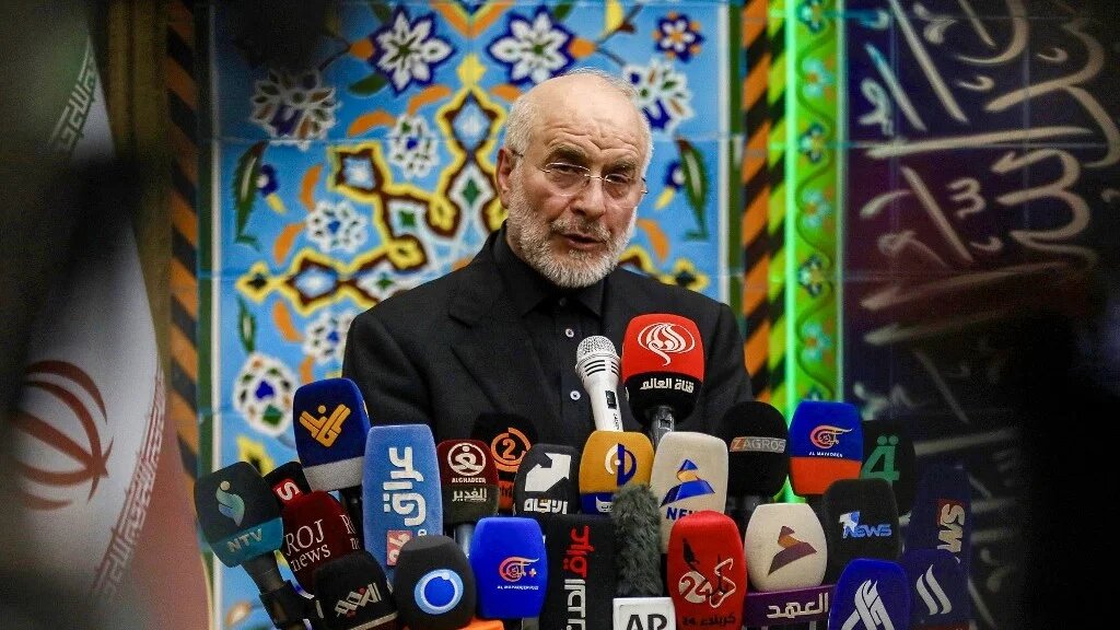 Iran's Parliament Speaker Mohammad Bagher Ghalibaf gives a press conference at an event marking 40 days since the burial of the late Iranian supreme leader Ayatollah Ali Khamenei, at Imam Hassan al-Mujtaba Mosque in Iraq's central holy shrine city of Karbala on 20 August 2026 (Karar Jabbar/AFP)