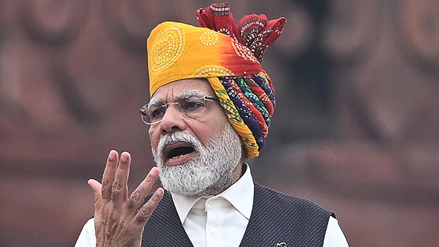 India's Prime Minister Narendra Modi addresses supporters during the celebrations to mark country's 77th Independence Day in New Delhi on 15 August, 2023 (AFP)