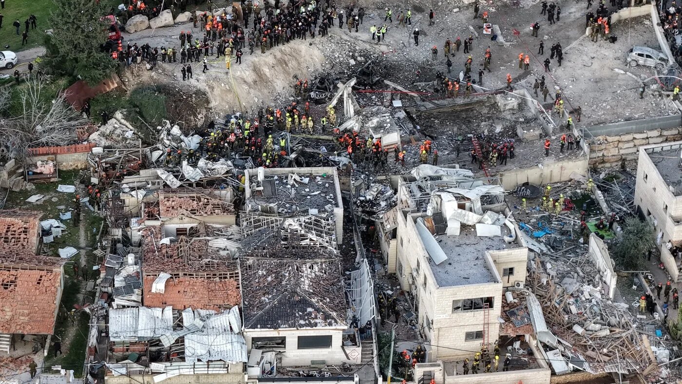 A drone view of the scene of a fatal Iranian strike in Beit Shemesh, Israel 1 March 2026 (Reuters/Ilan Rosenberg)