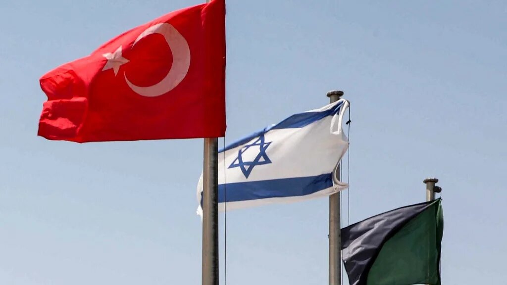 The Turkish and Israeli flags on display at the Yad La-Shiryon Tank Museum in Latrun, Israel (AFP/Gil Cohen-Magen)