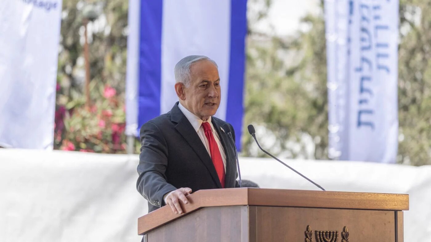 Israeli Prime Minister Benjamin Netanyahu speaks during a ceremony at the site of the planned Atarot Heritage Center in East Jerusalem, 5 July 2026 (Ilia Yefimovich/AFP)