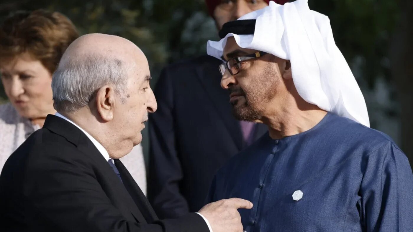Algerian President Abdelmadjid Tebboune speaks with Emirati counterpart Mohammed bin Zayed Al Nahyan at the G7 Summit in Savelletri on 14 June 2024 (Ludovic Marin/AFP)