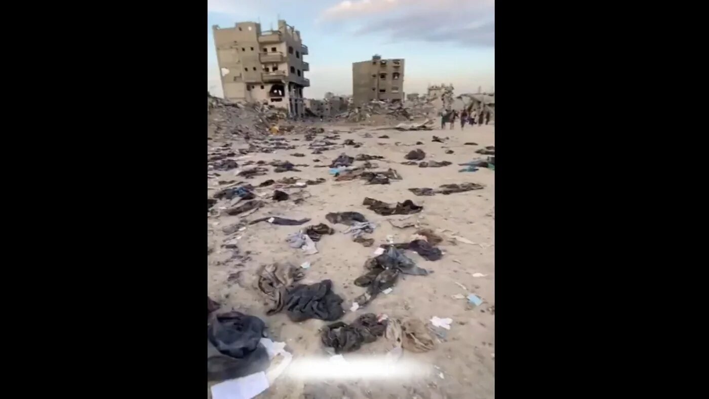 Clothes on the ground in Jabalia in the aftermath of Israeli forces strip-searching and detaining Palestinians in northern Gaza (Instagram/Belal Mortaja)