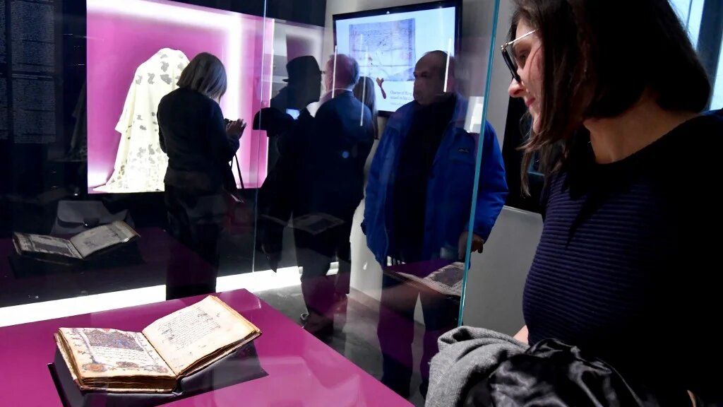 The Jewish Hagaddah displayed in the National Museum of Bosnia and Herzegovina, Sarajevo, in February 2018 (Elvis Barukcic/AFP)