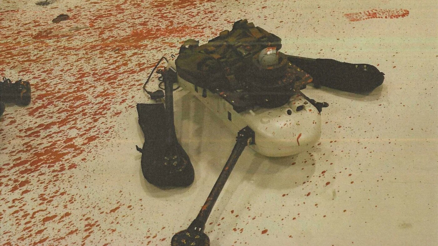 An image of a quadcopter drone damaged in the raid on the Elbit Systems factory near Bristol (Supplied)