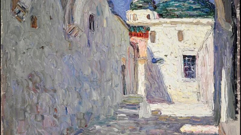 Les premières œuvres de Kandinsky, comme cette toile, n’avaient pas encore évolué vers les compositions abstraites pour lesquelles il fut connu plus tard (Centre Pompidou)