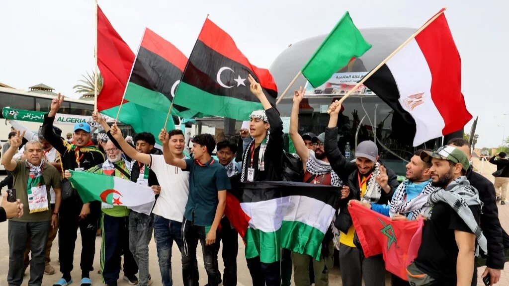 Members of the Global Sumud Convoy at the staging and coordination camp in the Joud Daem forest area in Libya on 15 May 2026 (Mahmud Turkia/AFP)