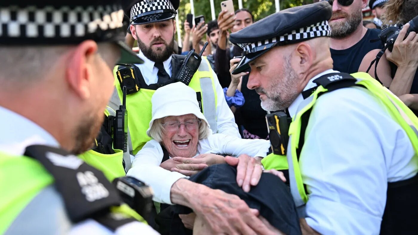 Police arrest an 89-year-old woman for allegedly voicing support for Palestine Action at a protest in London in August 2025 (AFP)