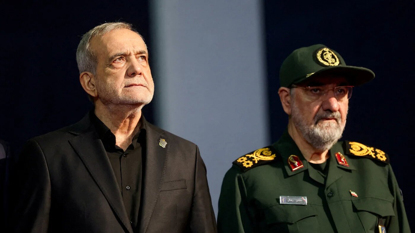 Iranian President Masoud Pezeshkian and adviser to Iran's supreme leader Mohsen Rezaei attend a farewell ceremony for Iran's late Supreme Leader Ayatollah Ali Khamenei, who was killed on February 28 in a US-Israeli air strikes, in Tehran, 3 July 2026 (Reuters)