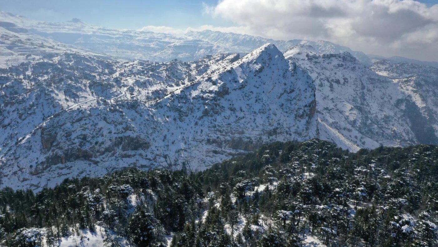 Vue aérienne de la réserve naturelle de la forêt de cèdres de Tannourine dans les montagnes libanaises recouvertes de neige, le 22 janvier 2021 (AFP/Joseph Eid)