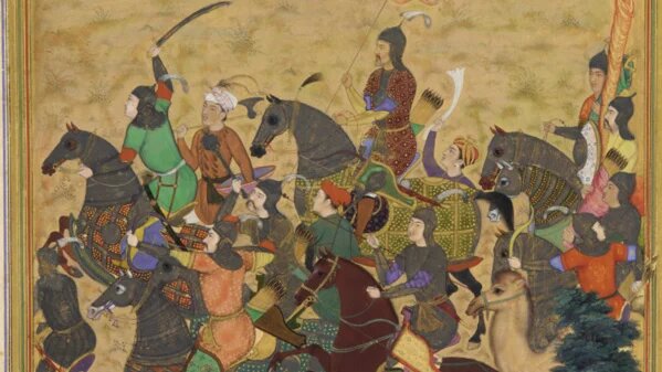 A Mughal miniature from 1574-75 showing the Emperor Akbar's troops pursuing the armies of Da'ud. (Wikimedia Commons)