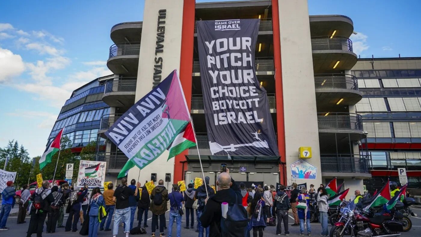Members of the Action Group for Palestine demonstrate outside the Ullevaal Stadium in Oslo on 17 September 2025, ahead of the 2026 World Cup Group I qualifier football match between Norway and Israel on 11 October (AFP)