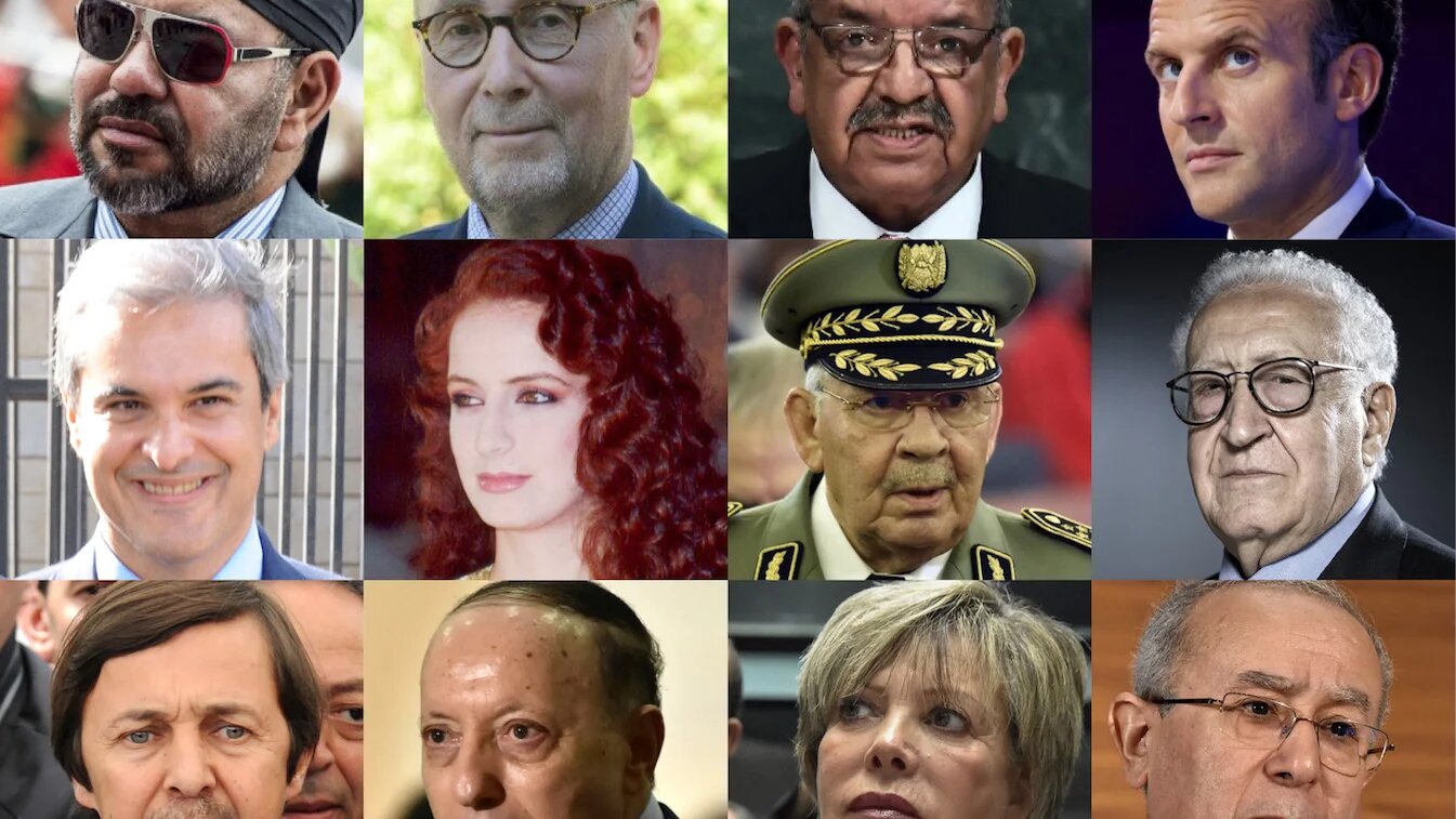 De gauche à droite en partant du haut : Mohammed VI, Xavier Driencourt, Abdelkader Messahel, Emmanuel Macron, Moulay Hicham, Salma Bennani, Ahmed Gaïd Salah, Lakhdar Brahimi, Saïd Bouteflika, Bachir Tartag, Zoubida Assoul, Ramtane Lamamra (AFP/MEE)