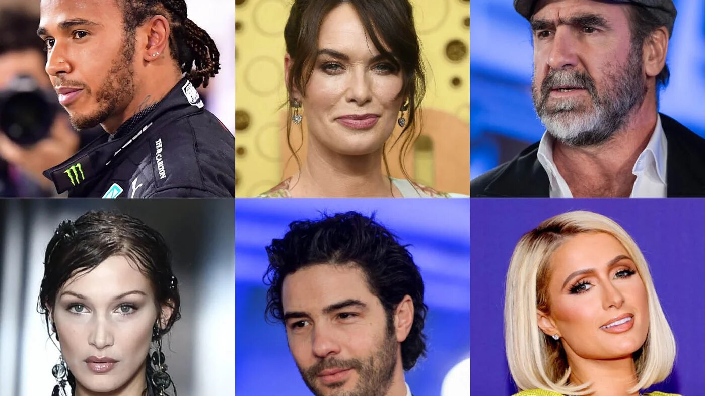 De haut en bas et de gauche à droite : Lewis Hamilton, Lena Headey, Éric Cantona, Bella Hadid, Tahar Rahim, Paris Hilton (MEE/AFP)