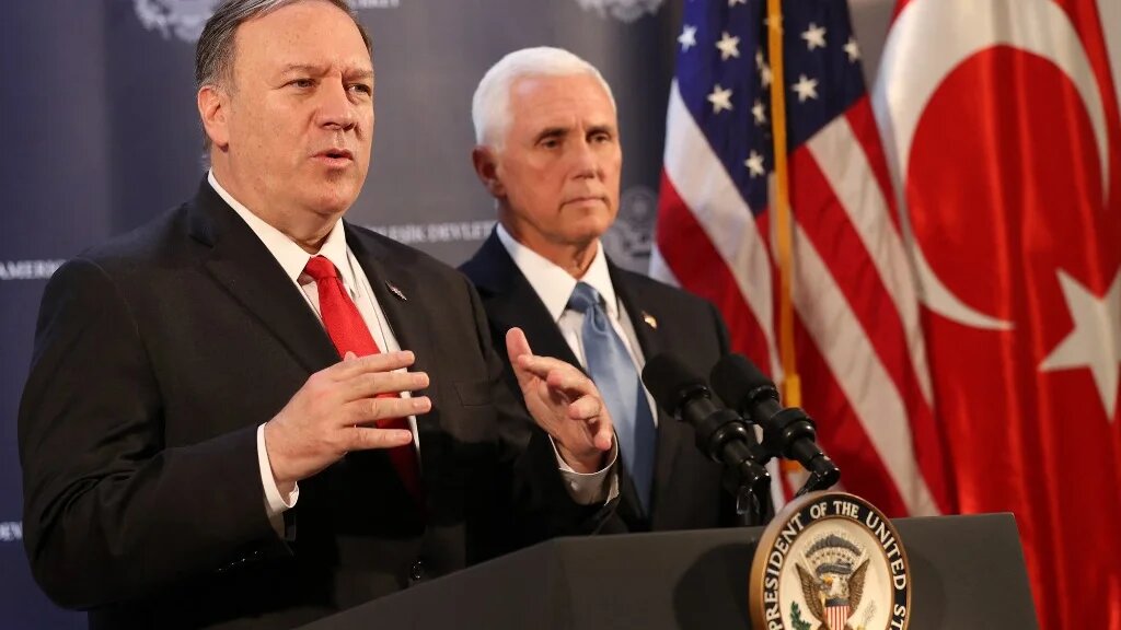 Then-US Vice President Mike Pence (R) and then-US Secretary of State Mike Pompeo (L) attend a press conference after a meeting with Turkish President, in Ankara, Turkey, on October 17, 2019.