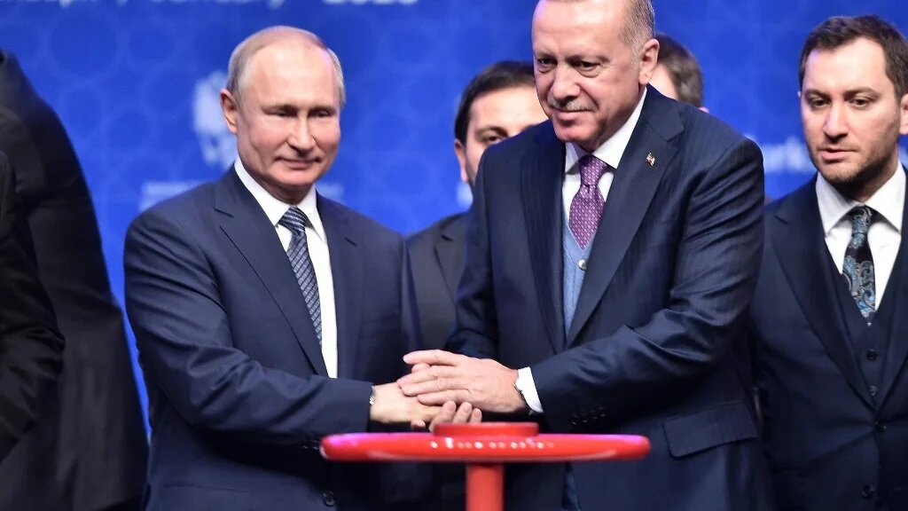 Turkish President Recep Tayyip Erdogan (R) and Russian President Vladimir Putin (L) attend an inauguration ceremony of a new gas pipeline "TurkStream" on January 8, 2020 in Istanbul.  (AFP)