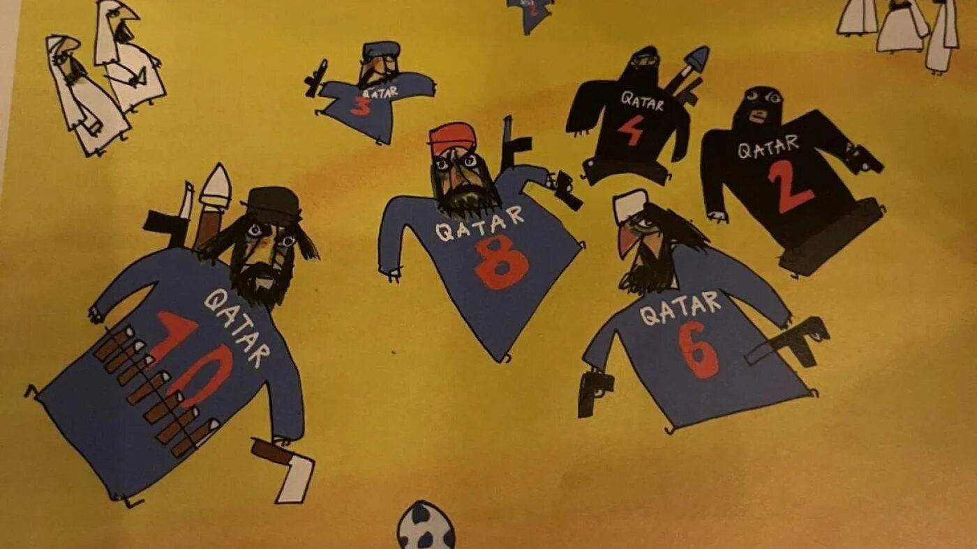Dans son numéro d’octobre des Dossiers du Canard, Le Canard enchaîné publie une caricature de l’équipe nationale qatarie (Twitter/capture d’écran)