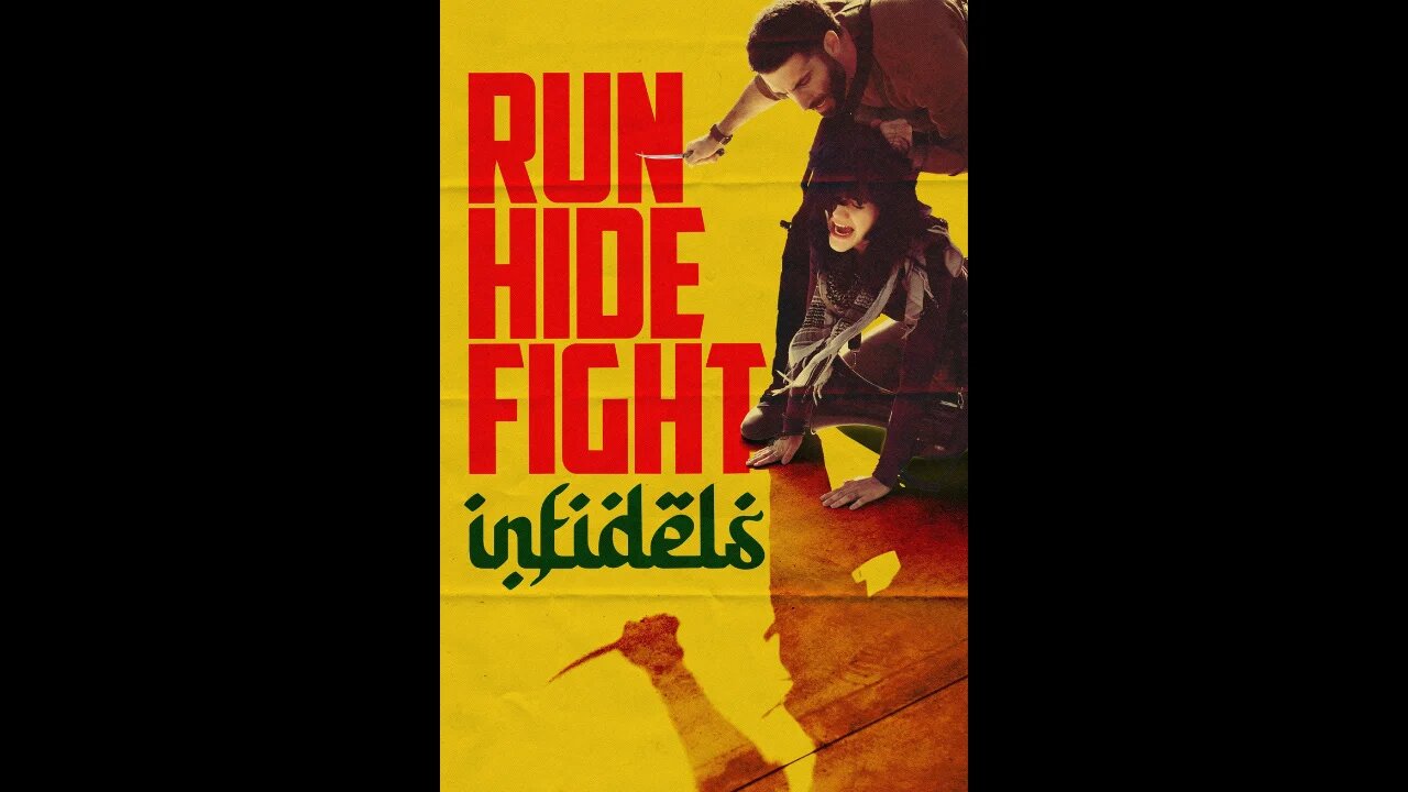 Film poster reading Run Fight Hide infiedels depicting a man holding a knife as a knife to a woman her knees screaming