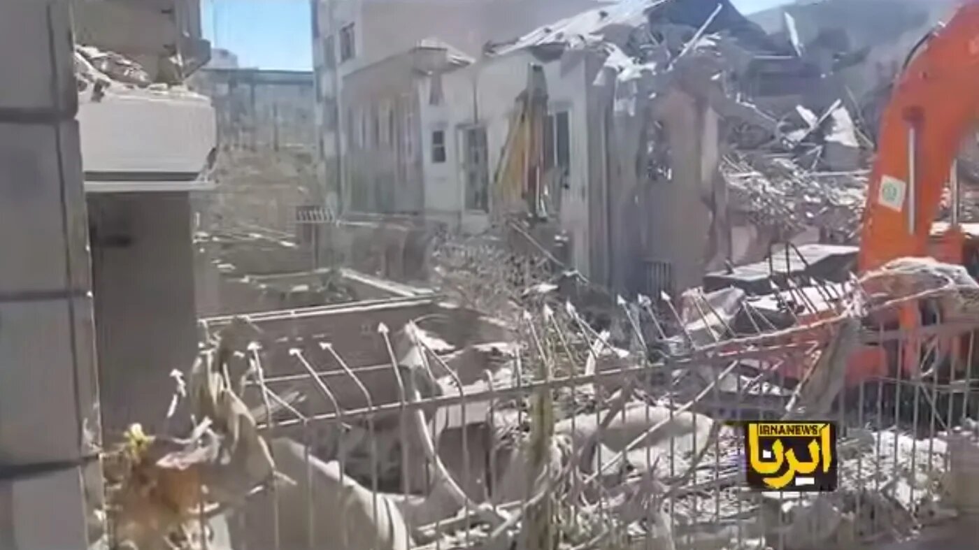 A still from footage released by the IRNA news agency shows the aftermath of the strike on Rafi-Nia Synagogue (IRNA)